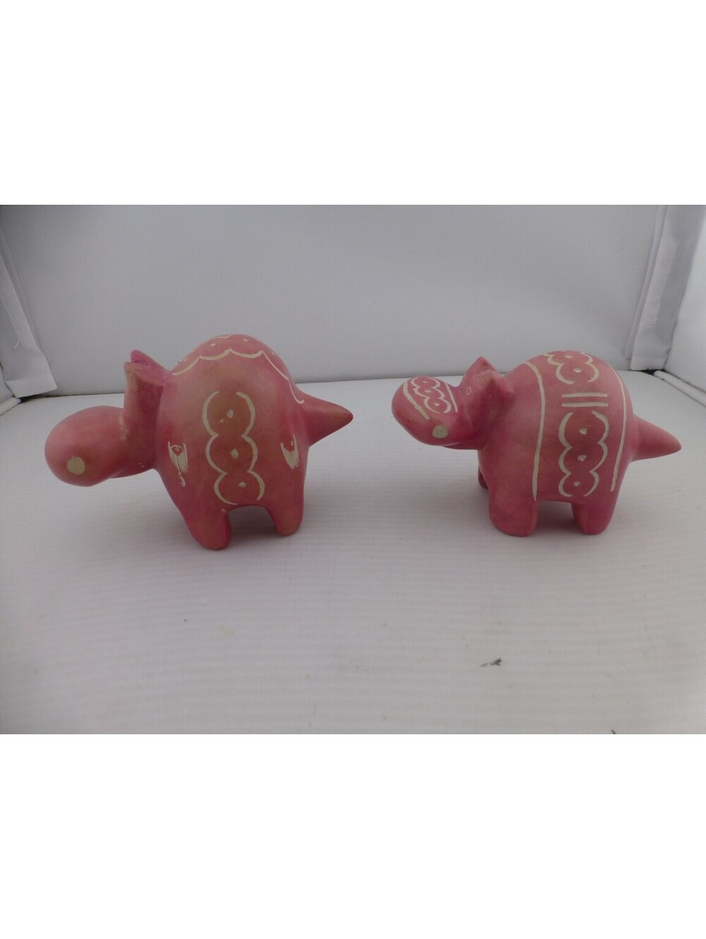 Pair Pink Soapstone Hippopotamus Figurines Hand Carved Hippo Collectibles J3